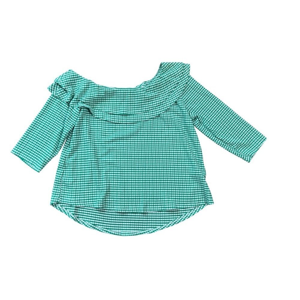 Cato Women's Green & White Checkered Pattern Off-The-Shoulder Ruffled Neckline T - Picture 4 of 8